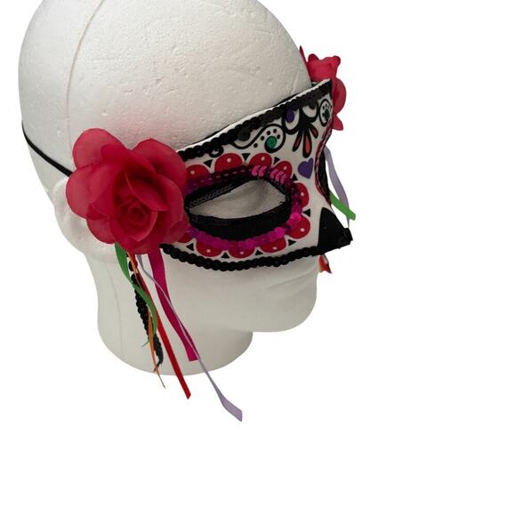 Day of the Dead Painted Mask Roses Sequins Ribbons OS - Picture 3 of 8